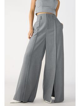 FREAKINS - Slubbed Grey Pleated Slit Korean Trouser