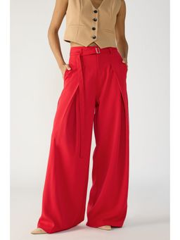 FREAKINS - Cherry Red Belted Flared Korean Pant with Belt (Set of 2)
