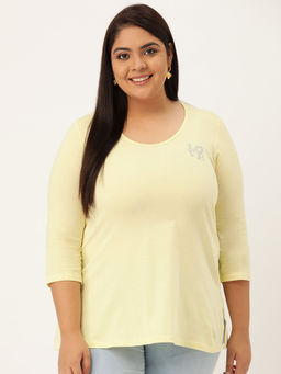 theRebelinme - Plus Size Womens Pale Yellow Solid Color Round Neck Cotton 3/4th Sleeve T-Shirt