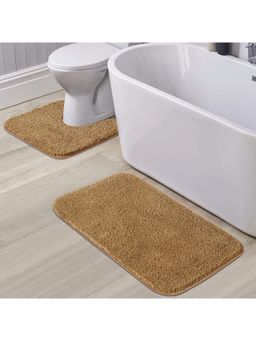 OBSESSIONS - Anti-Skid Polyester Bath Mat and Contour Mat, Camel (Set of 2)