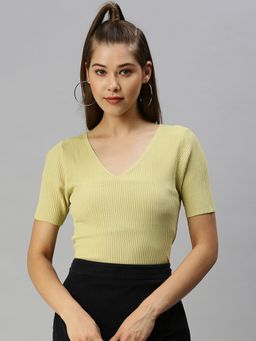 SHOWOFFFF - Women V-Neck Solid Yellow Regular Top