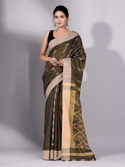 CHARUKRITI - Juniper Green Tissue Handwoven Saree with Cream Border Without Blouse