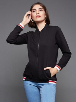 Miss Chase - Womens Black Solid Fleece Multicolored Rib Detailing Bomber Jacket