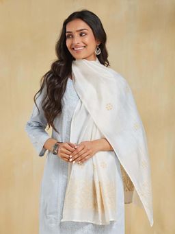 Fabindia - Off White Cotton Silk Blend Chikankari Stole