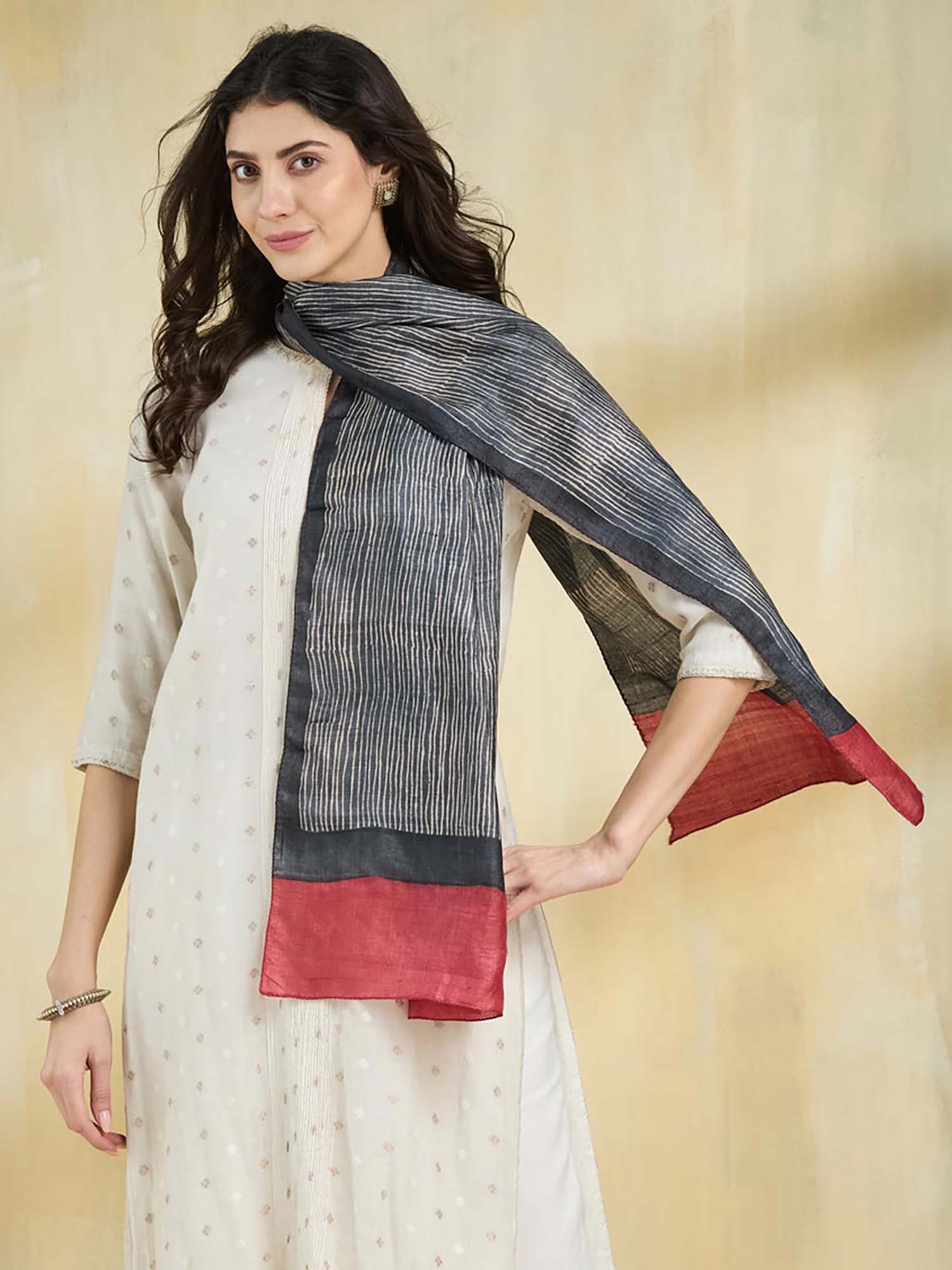 fabindia Black Silk Hand Block Printed Stole-picture-42