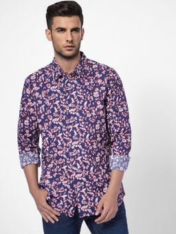 Jack & Jones - Navy Blue Floral Print Full Sleeves Shirt