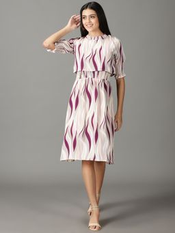 SHOWOFF - Womens Printed High Neck Off White Knee Length Dress