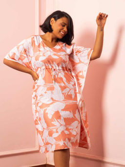 AOBA - Women Peach-Coloured Printed Kaftan Nightdress