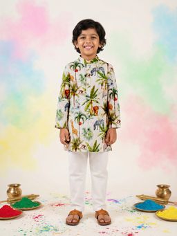 Nautinati - Boy's 100% Cotton Floral Print Kurta With Pyjama