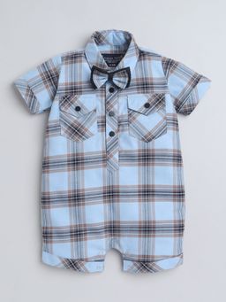 Polka Tots - Cotton Half Sleeve Checkered Shirt Aqua Romper With Bow Tie