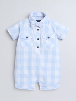 Polka Tots - Cotton Half Sleeve Checkered Shirt Blue Romper With Bow Tie