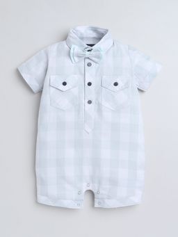 Polka Tots - Cotton Half Sleeve Checkered Shirt Green Romper With Bow Tie