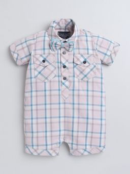 Polka Tots - Cotton Half Sleeve Checkered Shirt Mauve Romper With Bow Tie