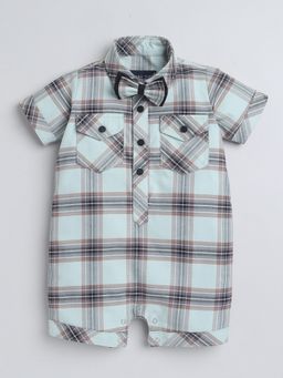 Polka Tots - Cotton Half Sleeve Checkered Shirt Olive Romper With Bow Tie