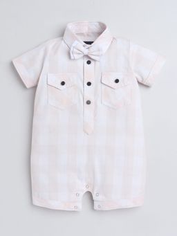 Polka Tots - Cotton Half Sleeve Checkered Shirt Peach Romper With Bow Tie