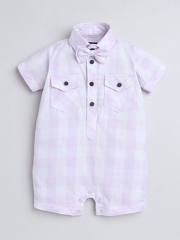 Polka Tots - Cotton Half Sleeve Checkered Shirt Lavender Romper With Bow Tie