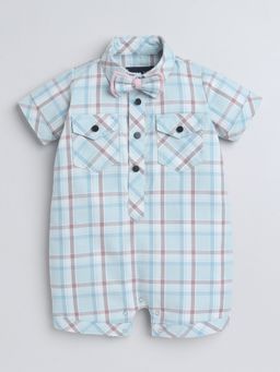 Polka Tots - Cotton Half Sleeve Checkered Shirt Teal Romper With Bow Tie