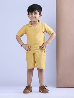 Polka Tots - Cotton Half Sleeve Solid Mustard Polo T-Shirt With Shorts