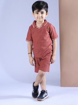 Polka Tots - Cotton Half Sleeve Solid Rust Polo T-Shirt With Shorts