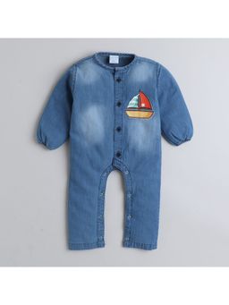 Polka Tots - Denim Full Sleeve Ship Print Jumpsuit