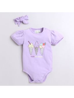 Polka Tots - Cotton Half Sleeve Ice Cream Print Onesies With Headband