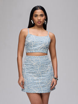 RSVP by Nykaa Fashion - Light Blue Embroidered Strappy Crop Top with Mini Skirt Co Ord Set
