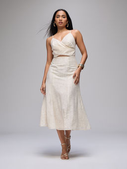 RSVP by Nykaa Fashion - Beige Shoulder Strap Trim Detail Cut Out Striped Wrap Midi Dress