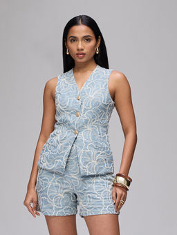 RSVP by Nykaa Fashion - Blue Embroidered V-Neck Waist Coat With High Waist Shorts Co-Ord Set