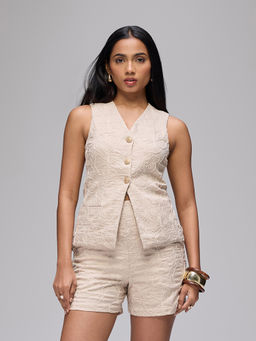 RSVP by Nykaa Fashion - Beige Embroidered V-Neck Sleeveless Waistcoat With Shorts Co-Ord Set