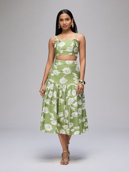 RSVP by Nykaa Fashion - Green Floral Printed Strappy Crop Top and Tiered Midi Skirt Co-Ord Set