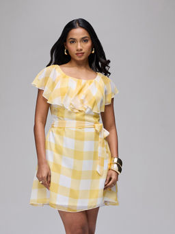 Twenty Dresses by Nykaa Fashion - Yellow Checked Scoop Neck A Line Ruffled Mini Dress With Belt