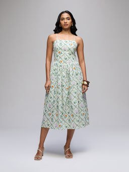 Twenty Dresses by Nykaa Fashion - Green Floral Strappy Smocked Back Gathered Fit And Flare Midi Dress