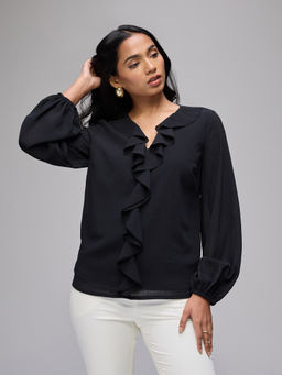 Twenty Dresses by Nykaa Fashion - Black Chiffon V-Neck Full Balloon Sleeves Ruffle Detail Top