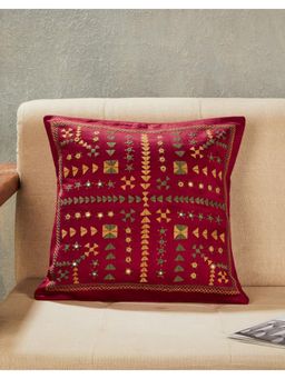Fabindia - Red Sutra Embroidered Cotton Viscose Cushion Cover (16x16 Inches)