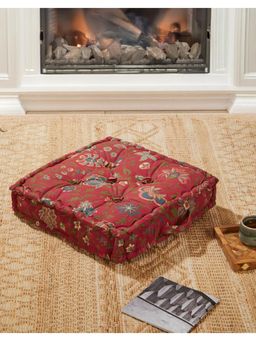 Fabindia - Red Woven Cotton Floor Cushion Filled