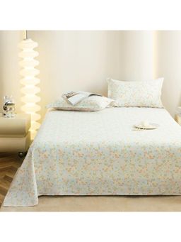 Story@Home - Cotton Flat 300 Tc Floral Bedsheet with 2 Pillow Covers Light Blue & Peach (King)