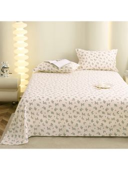 Story@Home - Cotton Flat 300 Tc Floral Bedsheet with 2 Pillow Covers White & Dark Green (King)