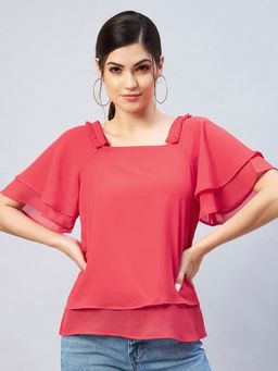 RARE - Women Casual Red Colour Square Neck Solid Regular Top