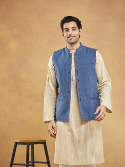 Fabindia - Men Navy Cotton Stripes Printed Nehru Jacket
