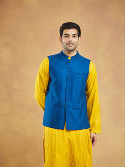 Fabindia - Men Blue Viscose Blend Dobby Nehru Jacket