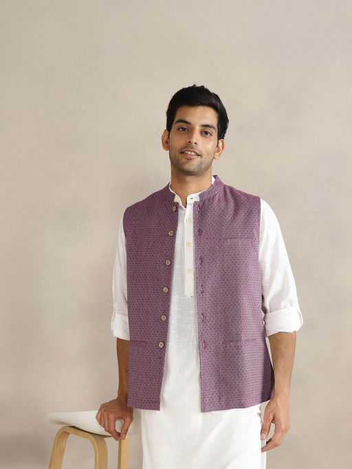 Fabindia Men Mauve Cotton Dobby Nehru Jacket
