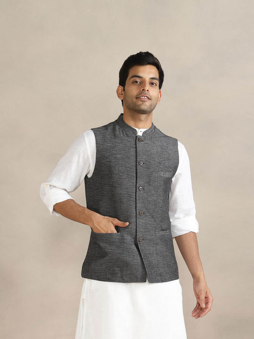 Fabindia Men Grey Cotton Slim Fit Nehru Jacket