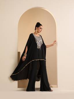 SAKSHI G CHAWLA - Black Saba Cape With Pant Set