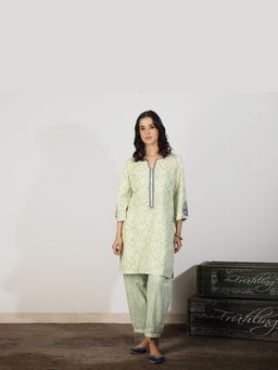 Spring Soul - Women Mint Green Floral Print Cotton Kurta with Embroidered Sleeve