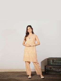 Spring Soul - Women Orange Striped Cotton Kurta with Mirror Work