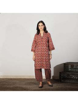 Spring Soul - Women Maroon Block Print Straight Cotton Kurta