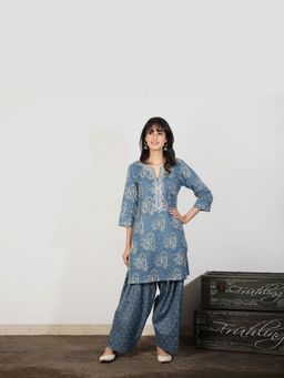 Spring Soul - Women Blue Cotton Kurta with Mirrorwork and Gota Work