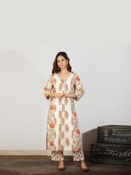 Spring Soul - Women Off White Printed A Line Kali Mughal Kurta