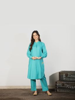 Spring Soul - Women Teal Cotton Straight Kurta with Mandarin Collar and Embroidered Detail