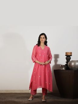Spring Soul - Women Coral Chanderi A Line Kurta with Sequin and Thread work Embroidered
